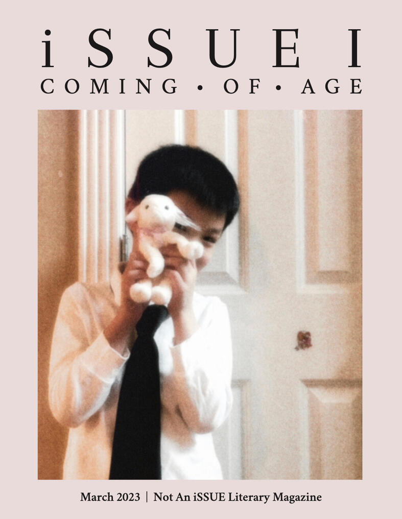 March 2023 issue 5, theme: coming of age. magazine cover with picture of child with short black hair holding a stuffed animal