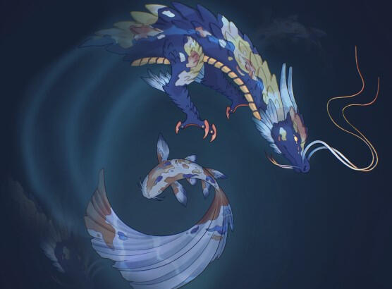 Throught Dragon Gate artwork by Mehul Chowdhary artwork of a koi fish and a blue dragon circling underwater