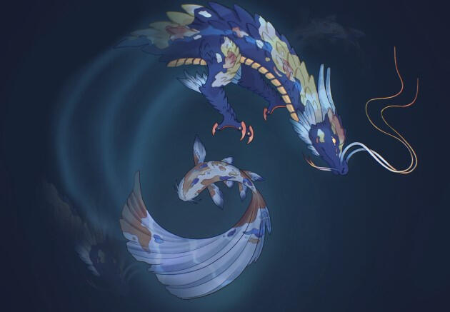 artwork of a koi fish and a blue dragon circling underwater