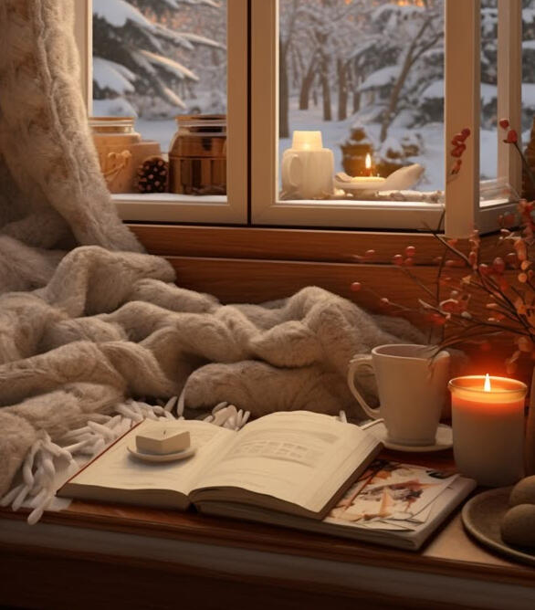 winter book recommendations book on a coffee table next to a blanket, mug, and candle