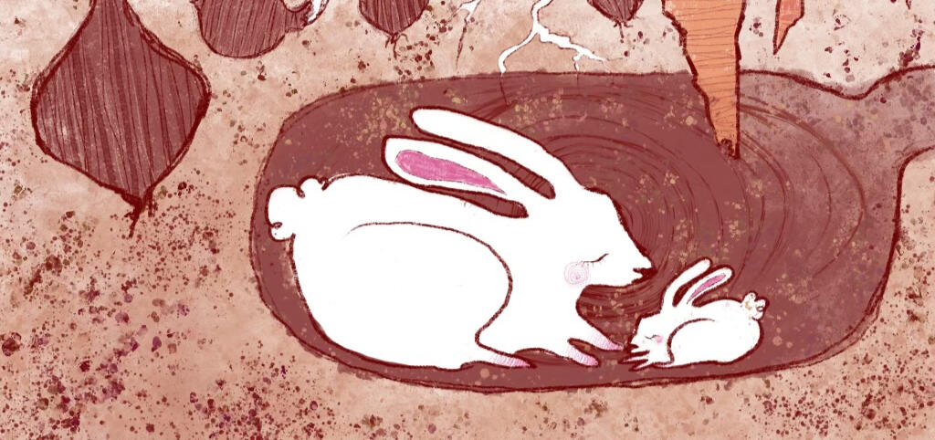 spring is coming two white rabbits huddled in a burrow underground under the roots and bulbs of various flowers. Art by Brianna Berge