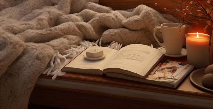 winter book recommendations book on a coffee table next to a blanket, mug, and candle