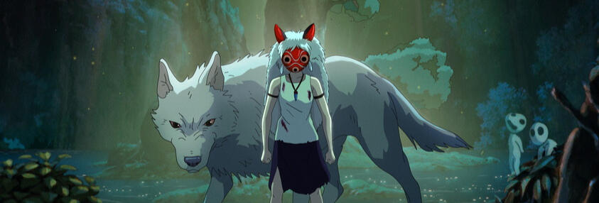 princess mononoke movie review girl wearing a red mask with white fur standing in front of a big white wolf