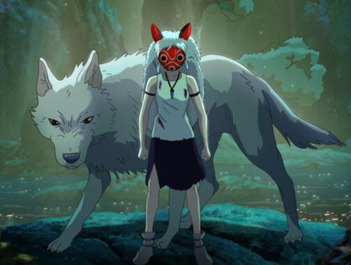 princess mononoke movie review girl wearing a red mask with white fur standing in front of a big white wolf