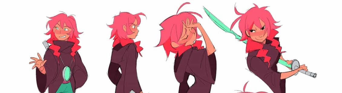 viyomiarts character design drawings of a character with pink hair in braids wearing a brown coat and holding a mint green sword