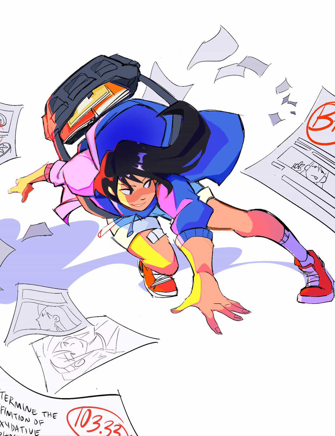 viyomiarts drawing of a girl with long black hair crouching with papers scattered around her